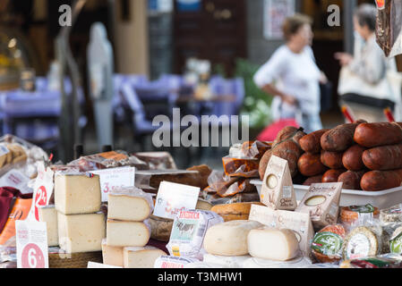 different sorts of cheese at market stall on weekly market in Soller, Spain Stock Photo