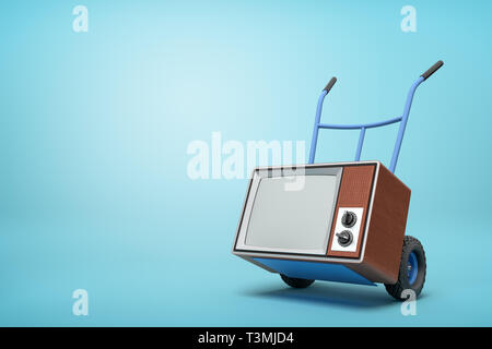 3d rendering of blue hand truck standing in half-turn with brown retro TV set on it on light-blue background with copy space. Stock Photo