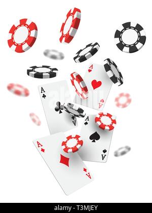 Flying realistic or 3d casino chips and aces cards Stock Vector