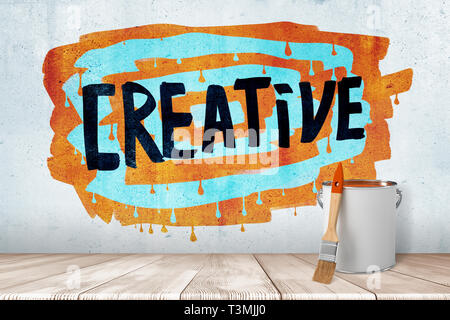 3d rendering of paint brush and bucket with 'CREATIVE' sign on colorful background Stock Photo