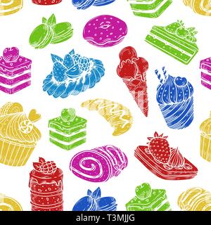 Sketch of sweets and bakery in seamless pattern Stock Vector