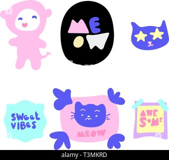 Hand drawn vector illustration of a kawaii funny stickers and phrases. Isolated objects on white background. Teen spirit, children print. Stock Vector