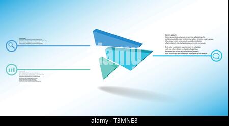 3D illustration infographic template. The embossed triangle is randomly divided to three color shifted parts. Object is askew arranged on blue white b Stock Vector