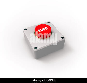 Red button, Start, on the base, isolated on white, 3D rendering. Stock Photo