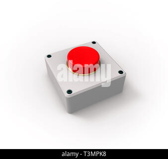 Red button, on the base, isolated on white, 3D rendering. Stock Photo
