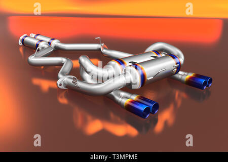 Tuning exhaust system for a sports car. Car muffler, exhaust silencer on a multicolor background. 3D rendering Stock Photo