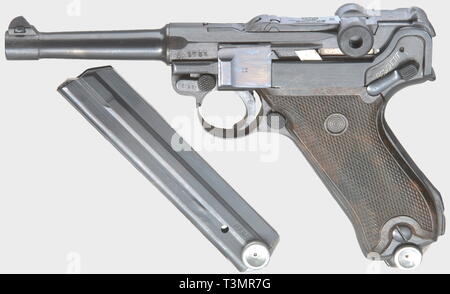 Small arms, pistols, Luger pistol 08 Parabellum, caliber 9 mm, Erfurt, with magazine, Additional-Rights-Clearance-Info-Not-Available Stock Photo