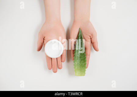 Beautiful female hands and cosmetic cream and Aloe vera fresh leaves on a white background. Organic cream for soft skin. Flat lay, top view, copy spac Stock Photo