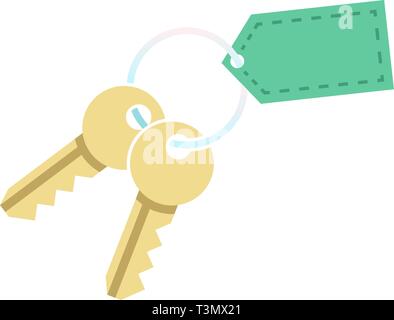 Key with blank tag keychain. Icon of house home door or car bunch golden keys on keyring. Concept for purchase real estate or realtor services sign. V Stock Vector