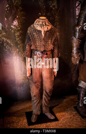 A costume worn by the character Arya Stark, played by Maisie Williams, on display at the launch of the Game of Thrones touring exhibition at the Titanic Exhibition Centre in Belfast. Stock Photo