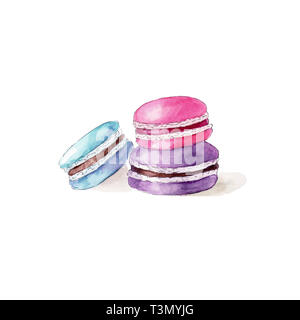 Color macarons on white background, watercolor hand drawn illustration Stock Photo