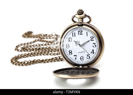 Half hunter pocket watch with lid open on chain Stock Photo