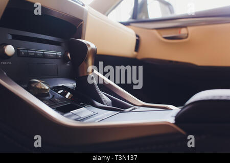 Detail of modern car interior, gear stick, automatic transmission in expensive car Stock Photo