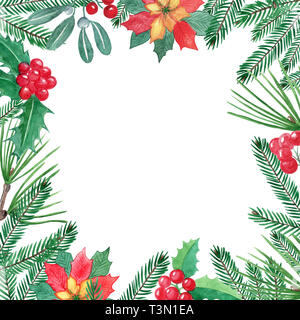 Christmas frame with green pain branches and red berries, mistletoe, holly, poinsettia Stock Photo