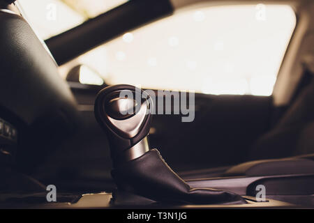 Detail of modern car interior, gear stick, automatic transmission in expensive car Stock Photo