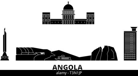 Angola  flat travel skyline set. Angola  black city vector illustration, symbol, travel sights, landmarks. Stock Vector