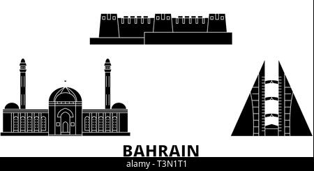 Bahrain flat travel skyline set. Bahrain black city vector illustration, symbol, travel sights, landmarks. Stock Vector