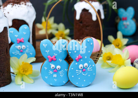 Easter bunny sugar cookies, animal-shaped biscuits like a cute blue rabbits Stock Photo