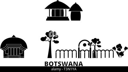 Botswana flat travel skyline set. Botswana black city vector illustration, symbol, travel sights, landmarks. Stock Vector