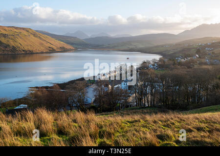 View looking south-east over Carbost to Loch Harport on Isle of Skye, Highland Region, Scotland, UK Stock Photo