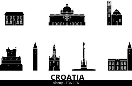 Croatia flat travel skyline set. Croatia black city vector illustration, symbol, travel sights, landmarks. Stock Vector