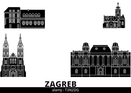 Croatia, Zagreb flat travel skyline set. Croatia, Zagreb black city vector illustration, symbol, travel sights, landmarks. Stock Vector