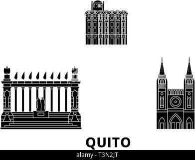 Ecuador, Guayaquil, Quito flat travel skyline set. Ecuador, Guayaquil, Quito black city vector illustration, symbol, travel sights, landmarks. Stock Vector