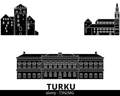 Finland, Turku flat travel skyline set. Finland, Turku black city vector illustration, symbol, travel sights, landmarks. Stock Vector