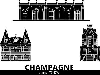 France, Champagne flat travel skyline set. France, Champagne black city vector illustration, symbol, travel sights, landmarks. Stock Vector