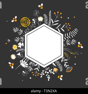 Stylish Hexagon Frame with cute honey flowers and bees. Premium quality Honey Label. Cartoon vector. Stock Vector