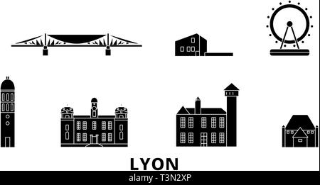 France, Lyon flat travel skyline set. France, Lyon black city vector illustration, symbol, travel sights, landmarks. Stock Vector