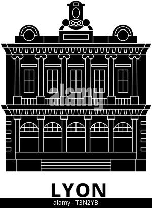 France, Lyon  Landmark flat travel skyline set. France, Lyon  Landmark black city vector illustration, symbol, travel sights, landmarks. Stock Vector