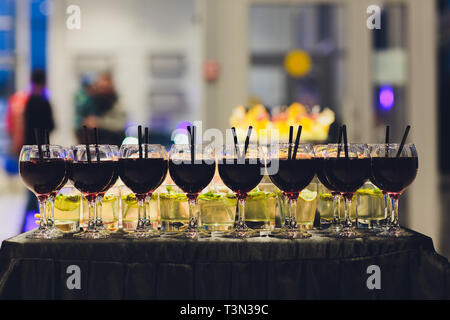 a lot of cold snacks and drinks on buffet table, catering Stock Photo