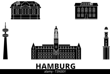 Germany, Hamburg flat travel skyline set. Germany, Hamburg black city vector illustration, symbol, travel sights, landmarks. Stock Vector