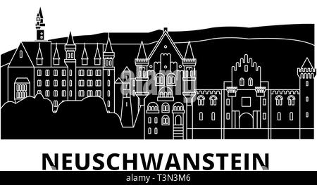 Germany, Neuschwanstein flat travel skyline set. Germany, Neuschwanstein black city vector illustration, symbol, travel sights, landmarks. Stock Vector