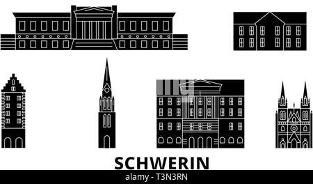 Germany, Schwerin flat travel skyline set. Germany, Schwerin black city vector illustration, symbol, travel sights, landmarks. Stock Vector