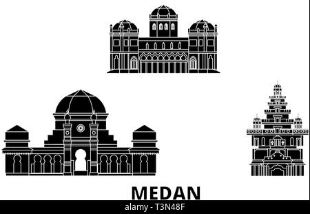 Indonesia, Medan flat travel skyline set. Indonesia, Medan black city vector illustration, symbol, travel sights, landmarks. Stock Vector