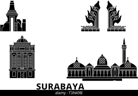 Indonesia, Surabaya flat travel skyline set. Indonesia, Surabaya black city vector illustration, symbol, travel sights, landmarks. Stock Vector