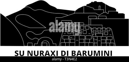 Italy, Barumini, Su Nuraxi Di Barumini flat travel skyline set. Italy, Barumini, Su Nuraxi Di Barumini black city vector illustration, symbol, travel Stock Vector