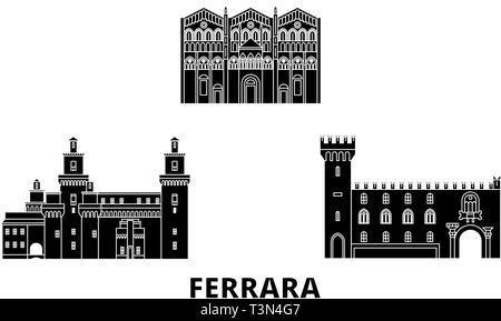 Italy, Ferrara flat travel skyline set. Italy, Ferrara black city vector illustration, symbol, travel sights, landmarks. Stock Vector