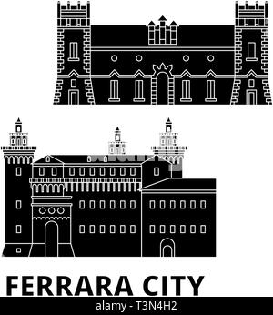 Italy, Ferrara City flat travel skyline set. Italy, Ferrara City black city vector illustration, symbol, travel sights, landmarks. Stock Vector