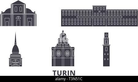 Italy, Turin flat travel skyline set. Italy, Turin black city vector illustration, symbol, travel sights, landmarks. Stock Vector