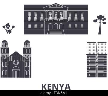Kenya flat travel skyline set. Kenya black city vector illustration, symbol, travel sights, landmarks. Stock Vector
