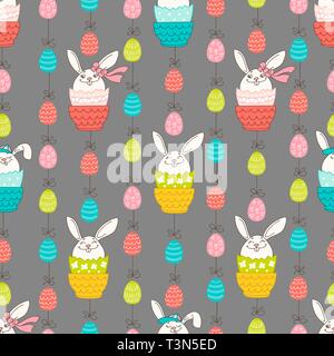 Hand drawn colorful Easter eggs and bunny in doodle style. Vector seamless pattern on grey background. Perfect design elements for decorations greetin Stock Vector