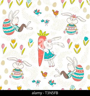 Hand drawn colorful Easter bunny, eggs, birds in doodle style. Vector seamless pattern on light background. Perfect design elements for decorations gr Stock Vector