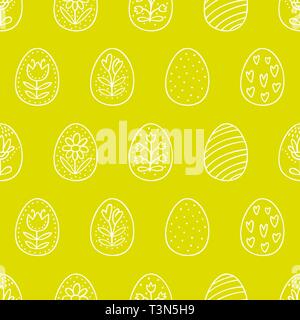 Easter eggs seamless pattern with on green background Perfect vector pattern in line style can be used for wrapping paper, holidays background Stock Vector