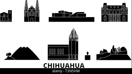 Mexico, Chihuahua flat travel skyline set. Mexico, Chihuahua black city vector illustration, symbol, travel sights, landmarks. Stock Vector