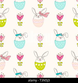 Hand drawn colorful Easter eggs, bunny and blooming flowers in doodle style. Vector seamless pattern. Perfect design elements for decorations greeting Stock Vector