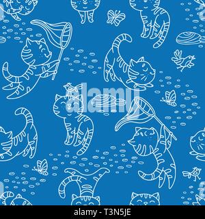 Seamless pattern with hand-drawn playful kittens with birds, butterfly, stones. Cute pet pattern in doodle style can use for wrapping paper, print on  Stock Vector