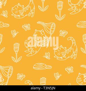 Seamless pattern with hand-drawn playful kittens with butterfly, flowers. Cute pet pattern in doodle style can use for wrapping paper, print on textil Stock Vector